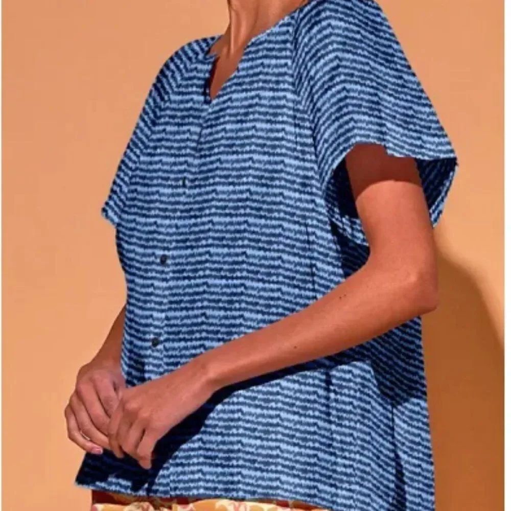 Tucker Short Sleeve Classic Blouse Indigo Sound in Silk Cotton